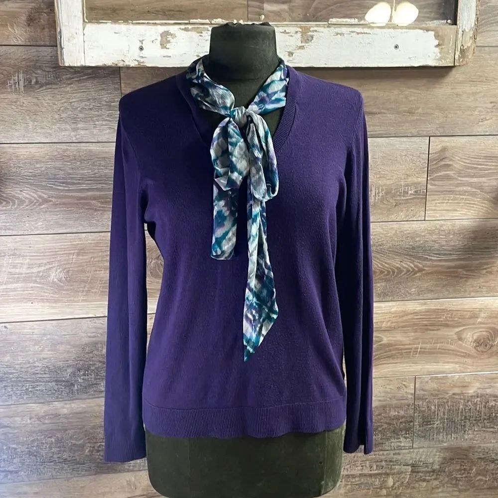 Liz Claiborne Classy Petite Ladies Sweater w/ attch’d scarf Purple&Teal Size PL